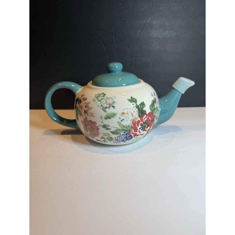 The Pioneer Woman Floral Ceramic Teapot Turquoise Lid Tea Pot Hand Wash Only
